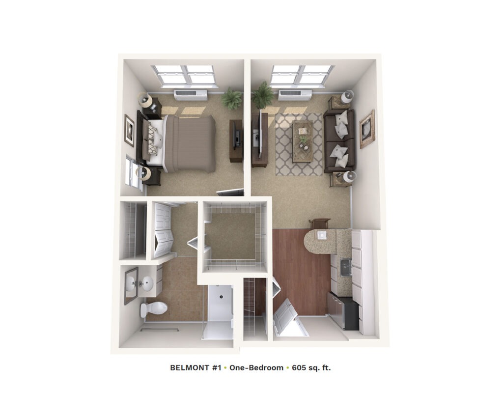 Assisted Living floor plan rendering of Belmont #1 one-bedroom apartment.