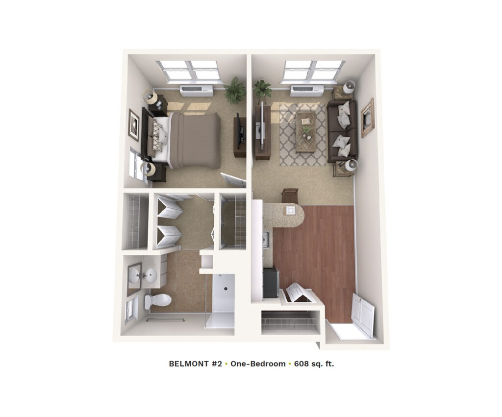 Assisted Living floor plan rendering of Belmont #2 one-bedroom apartment.