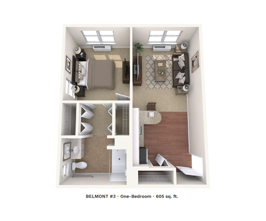 Assisted Living floor plan rendering of Belmont #3 one-bedroom apartment.