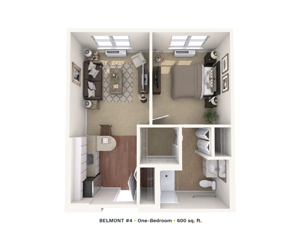 Assisted Living floor plan rendering of Belmont #4 one-bedroom apartment.