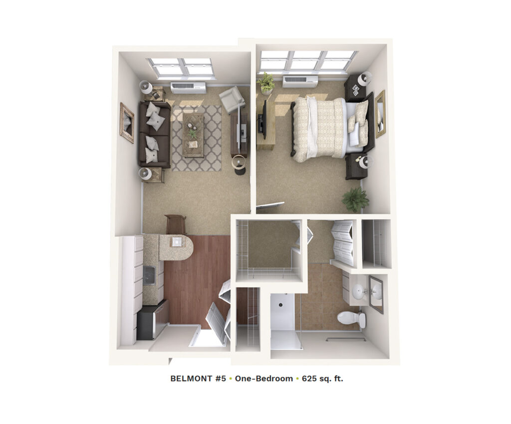 Assisted Living floor plan rendering of Belmont #5 one-bedroom apartment.