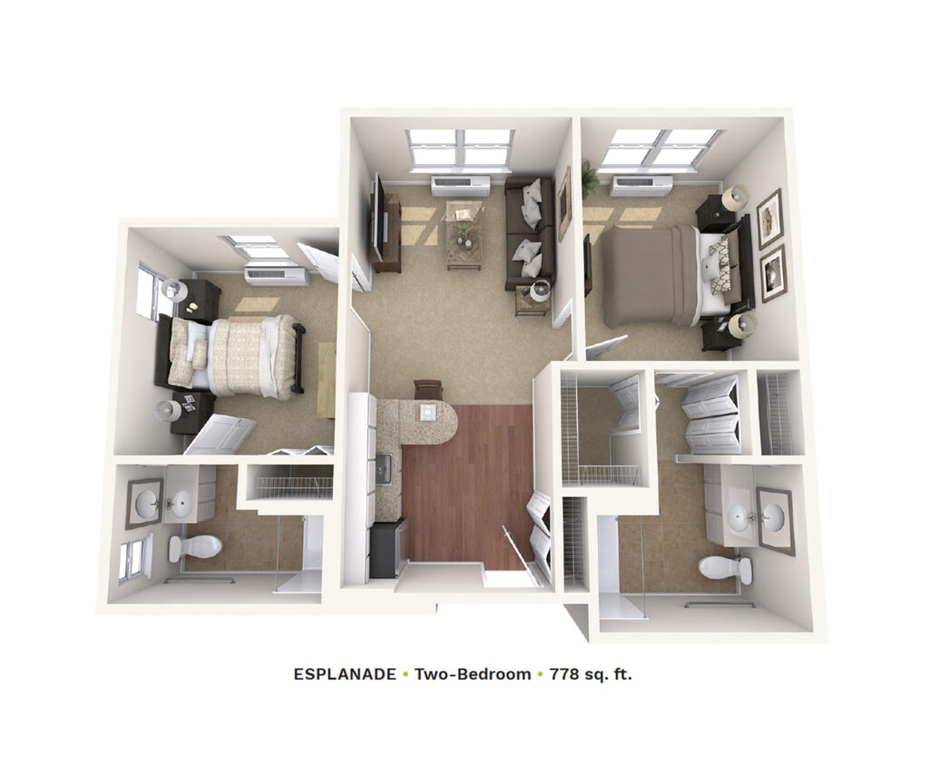 Assisted Living floor plan rendering of Esplande two-bedroom apartment.