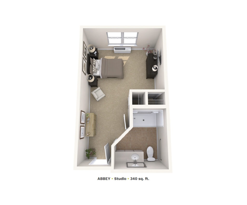 Memory Care floor plan rendering of an Abbey Studio.