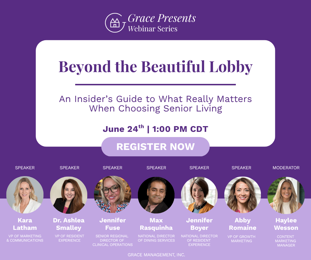 Promo banner for Grace Presents: 'Beyond the Beautiful Lobby' webinar; includes date, time, and headshots of seven speakers with titles on a purple background.